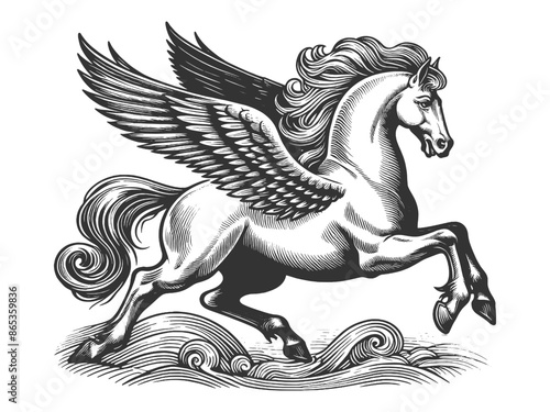 winged Pegasus, showcasing intricate lines and artistic design sketch engraving generative ai fictional character vector illustration. Scratch board imitation. Black and white image.
