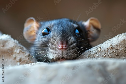 A rat with large, inquisitive eyes peeks over a rough surface with an intent expression, highlighting its small, delicate features and the environment's textures. photo