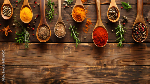 Fototapeta Naklejka Na Ścianę i Meble -  Assortment of colorful spices and fresh herbs in wooden spoons on a rustic wooden table