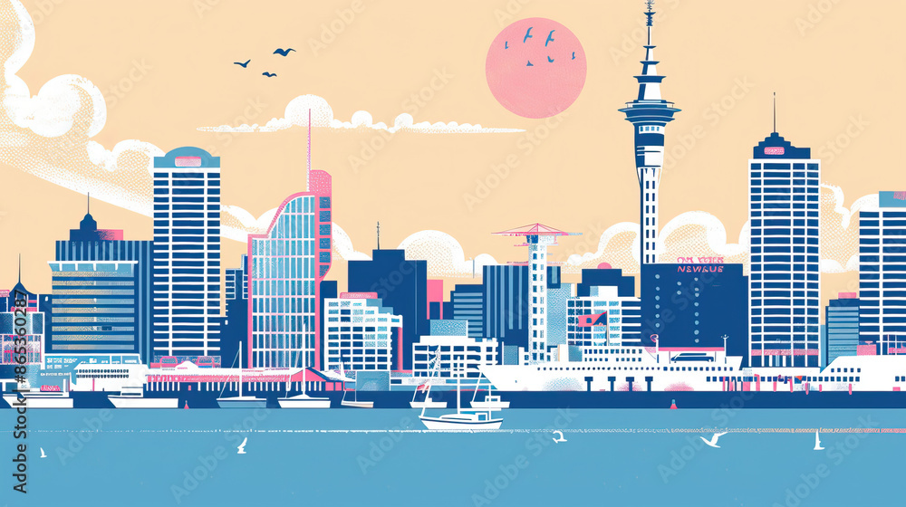 Obraz premium Risograph riso print travel poster, card, wallpaper or banner illustration, modern, isolated, clear and simple of Auckland, New Zealand. Artistic, screen printing, stencil digital duplication