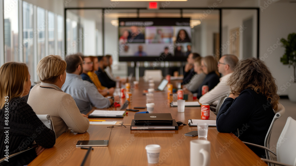 group of professionals gathered around a large conference table. A presentation is being displayed on a wall-mounted screen group of professionals gathered around a large conference table. A presentation is being displayed on a wall-mounted screen