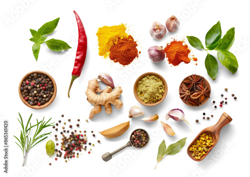 Fototapeta Naklejka Na Ścianę i Meble -  Top view of spices and herbs isolated from white or transparent background