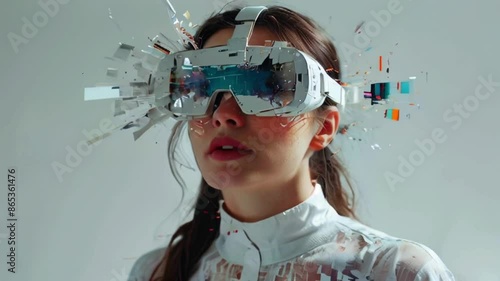 The video shows a young woman wearing a virtual reality headset. photo