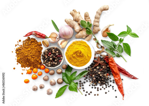 Fototapeta Naklejka Na Ścianę i Meble -  A variety of spices and herbs are displayed on a white background