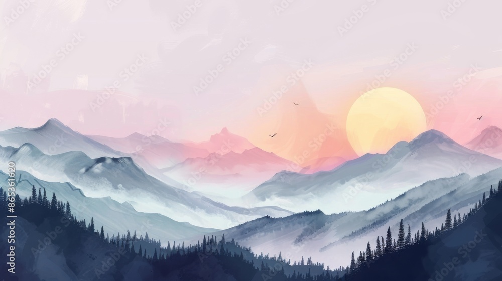 Serene mountain landscape with misty hues and a rising sun in the background, creating a tranquil and peaceful scenery. Serene mountain landscape with misty hues and a rising sun in the background, creating a tranquil and peaceful scenery.