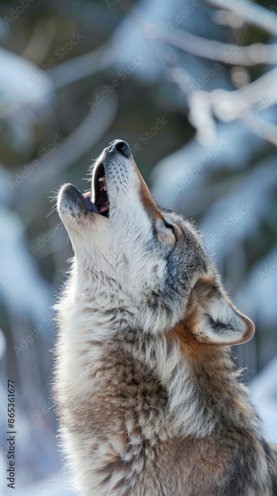 Fototapeta premium A lonely wolf is howling in the snow