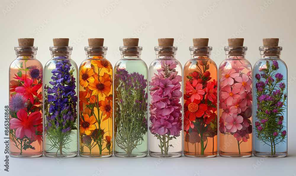 Row of Glass Bottles Filled With Flowers Row of Glass Bottles Filled With Flowers