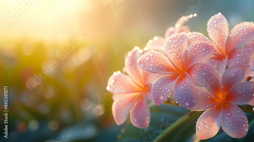 Close-up of dewy pink flowers basking in the warm morning sunlight, capturing nature's beauty in a serene garden setting.