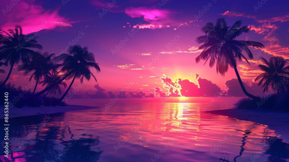 Silhouetted palm trees on a beach, neon sunset sky reflecting vibrant colors on the water, creating a serene and beautiful scene Silhouetted palm trees on a beach, neon sunset sky reflecting vibrant colors on the water, creating a serene and beautiful scene