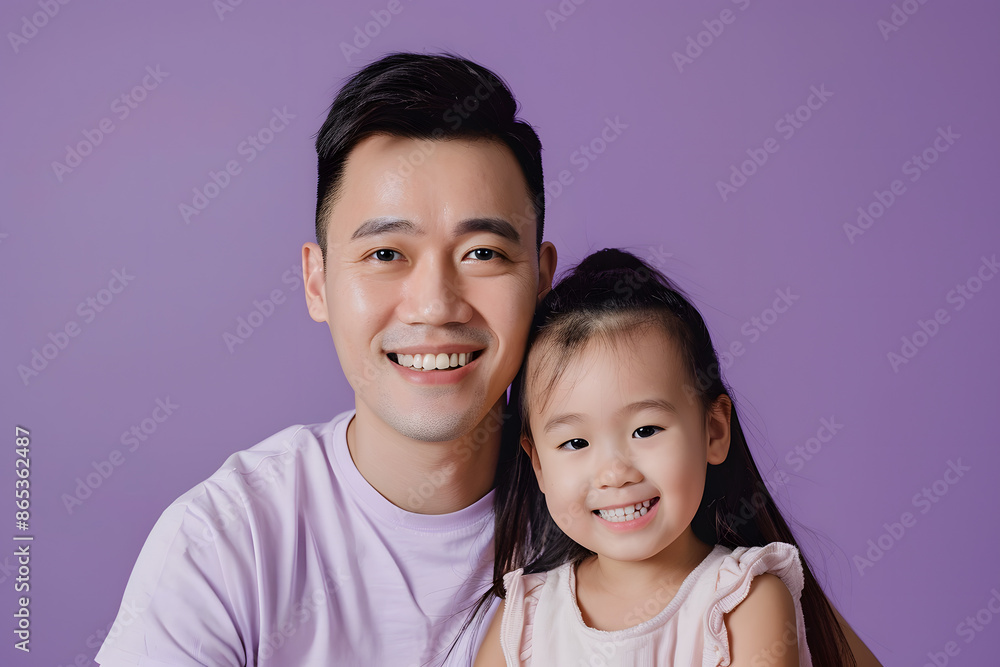 Asian dad and daughter posing on purple background, Happy Father's Day. Asian dad and daughter posing on purple background, Happy Father's Day.