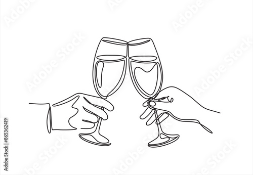 Continuous one line drawing. Hands cheering with glass of champagne. Vector illustration	