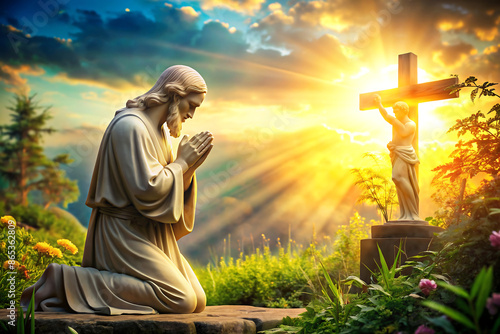 statue of jesus christ praying in front of a cross