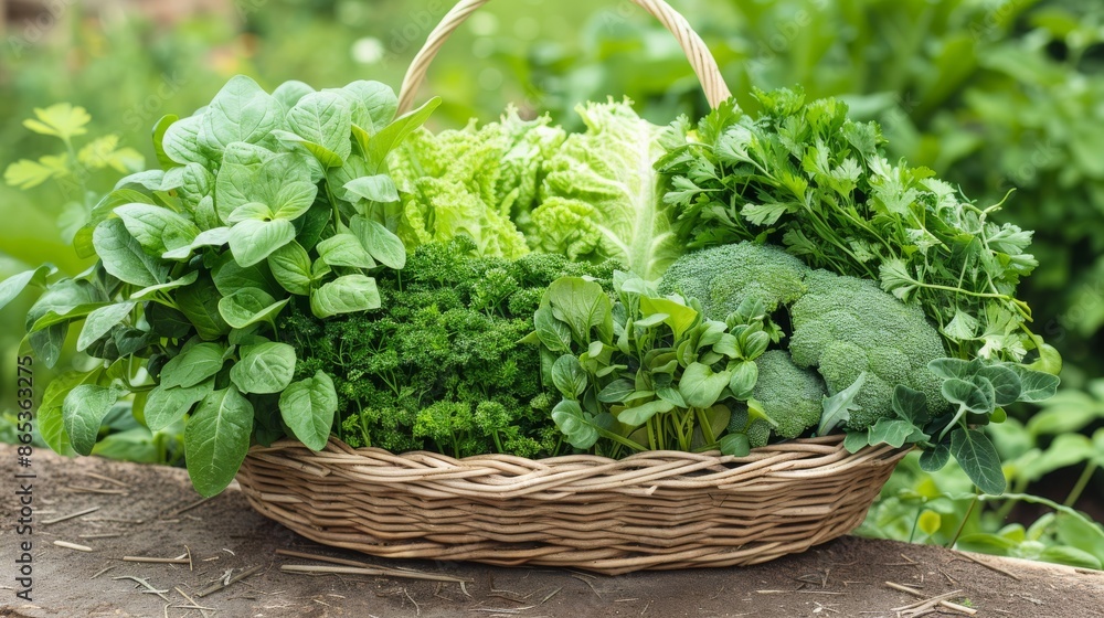 Naklejka premium Freshly picked green vegetables and herbs arranged in a basket, representing sustainable farming practices
