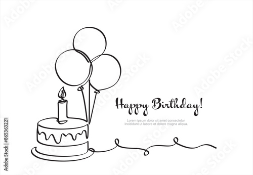 Birthday cake in continuous line art drawing style. Traditional birthday cake with candle on the top minimalist black linear sketch isolated on white background. Vector illustration