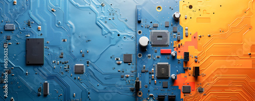 Close up panoramic view of the motherboard with components.