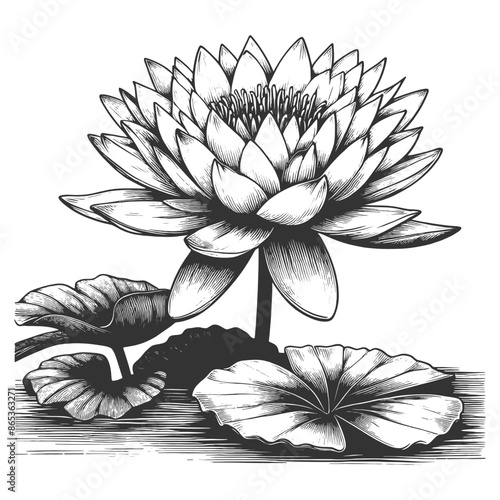 blooming lotus flower with buds, water lily Nymphaea, elegant and detailed floral art sketch engraving generative ai vector illustration. Scratch board imitation. Black and white image.