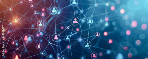 Abstract illustration of the people icons connected with lines in network. Social net connection concept.