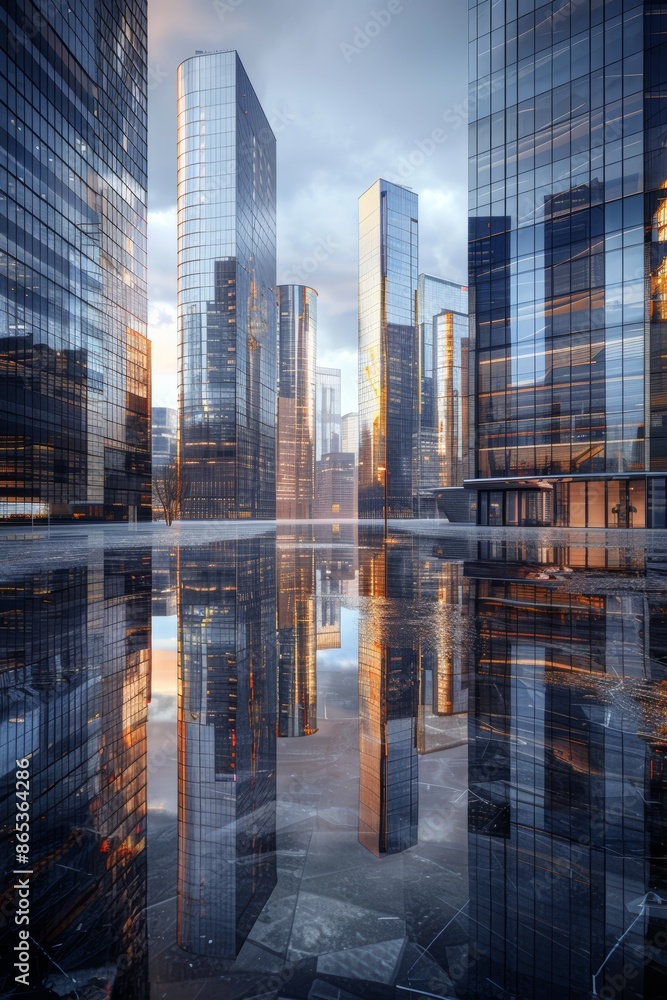 Produce a visual of a modern cityscape with glass skyscrapers and a reflective water surface Produce a visual of a modern cityscape with glass skyscrapers and a reflective water surface