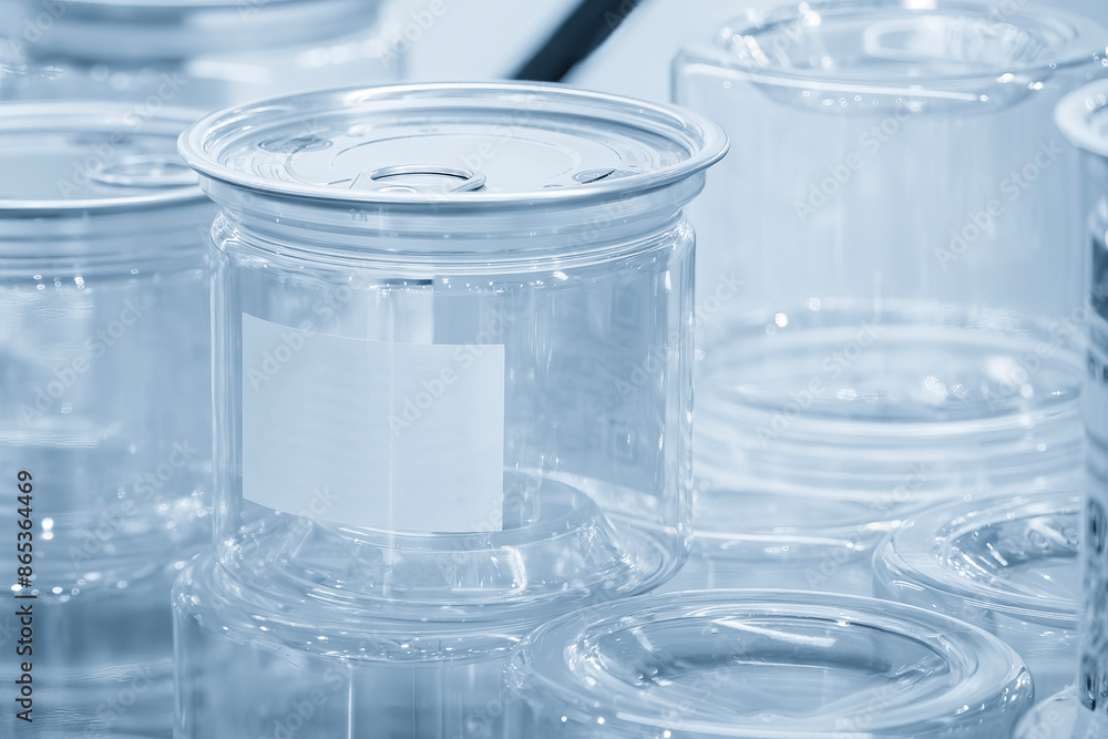 The clear plastic container with aluminum lid in the light blue scene. The clear plastic container with aluminum lid in the light blue scene.