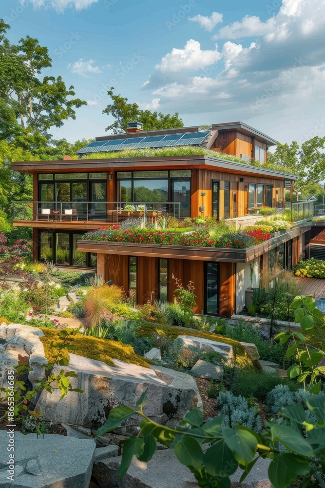 A modern house featuring an extensive green roof A modern house featuring an extensive green roof