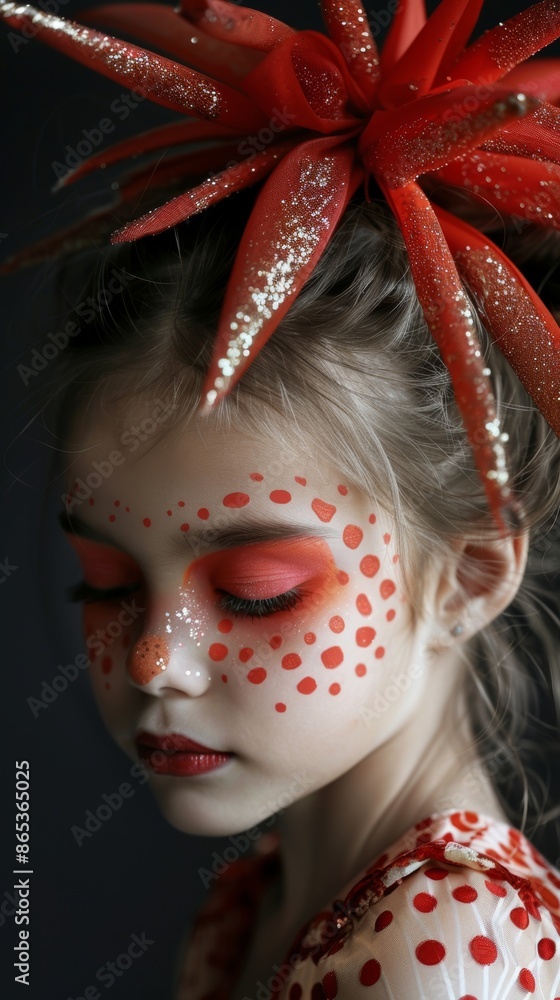 A young girl with elaborate red face paint and a large, red headpiece. The intricate design and deep colors create a striking, artistic portrait. A young girl with elaborate red face paint and a large, red headpiece. The intricate design and deep colors create a striking, artistic portrait.