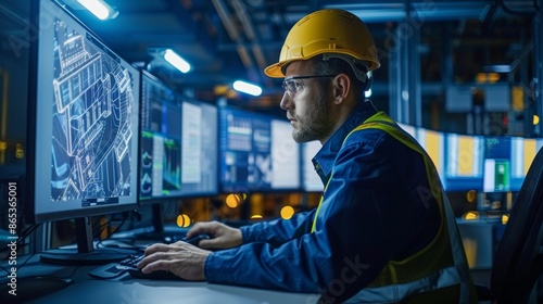 A male engineer wearing a yellow hard hat, working on multiple monitors in an industrial setting