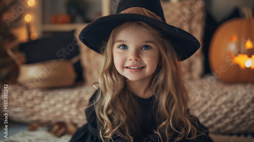 A young girl in a black witch hat, smiling brightly. The cozy indoor setting with Halloween decorations creates a warm, festive atmosphere