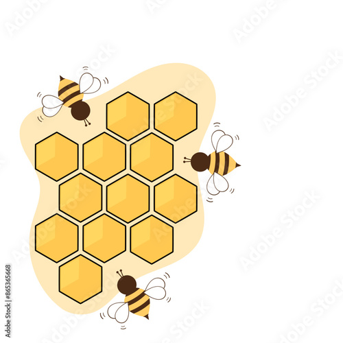 Beehive honey sign with hexagon grid cells and bee cartoons sign logo isolated on white background vector.