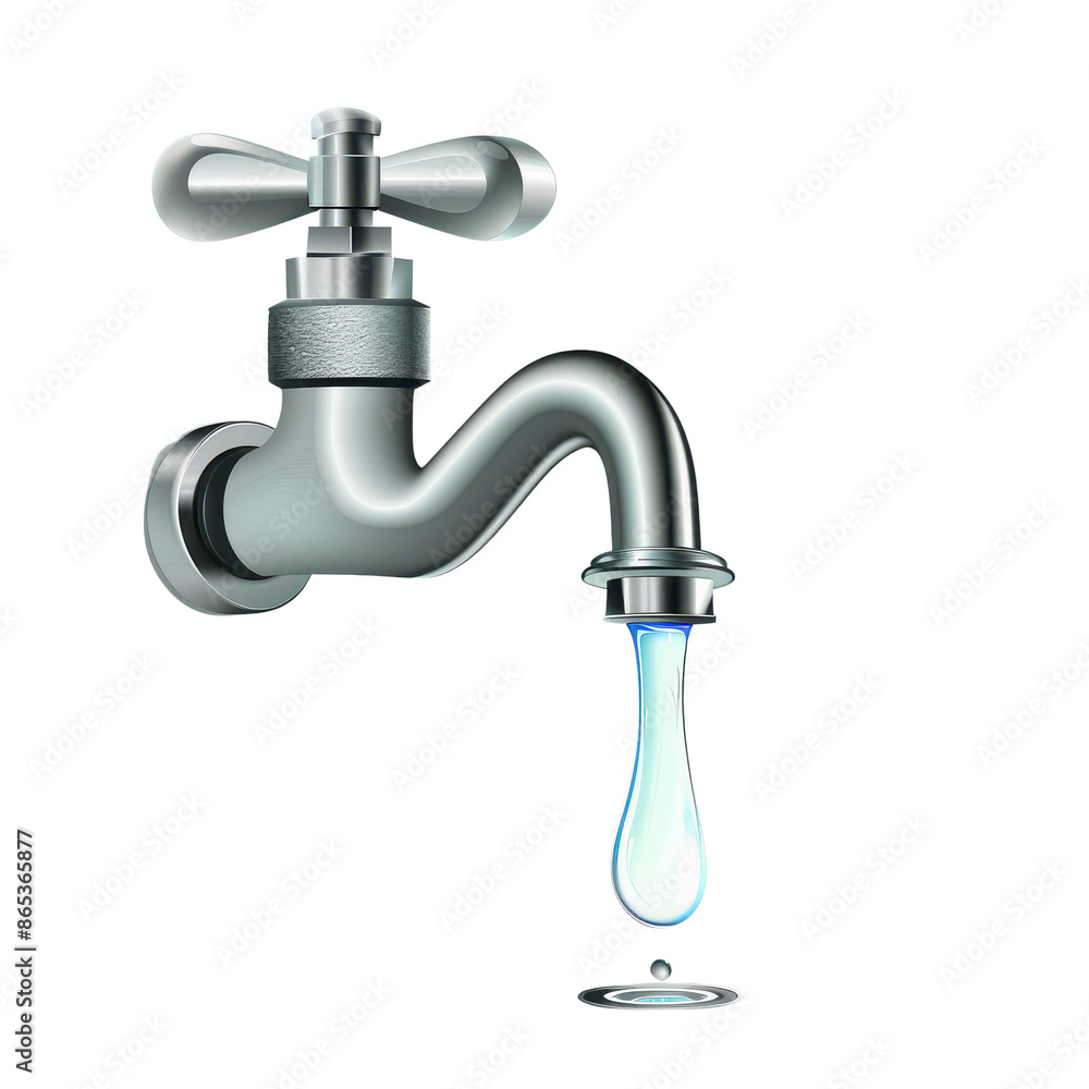 Close-up of a shiny metal tap with a single drop of water dripping from it. Perfect for plumbing, water conservation, or industrial themes., png, transparent Close-up of a shiny metal tap with a single drop of water dripping from it. Perfect for plumbing, water conservation, or industrial themes., png, transparent