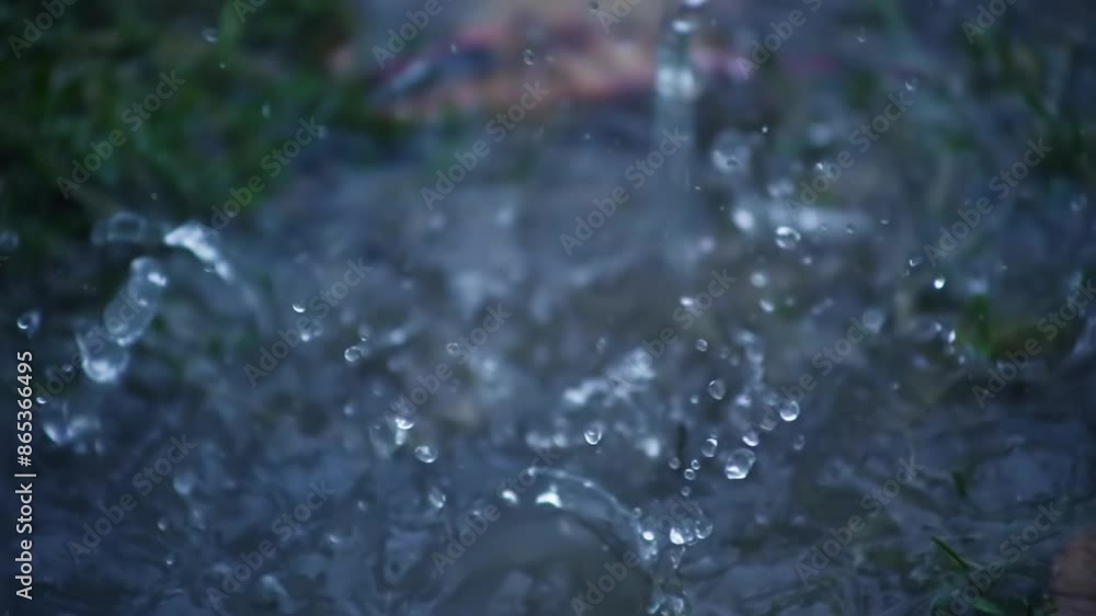 The rain pours into a puddle in the garden among the flowers and bushes. The rain pours into a puddle in the garden among the flowers and bushes.