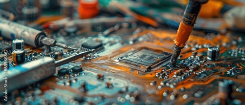 Close-up image of a circuit board being worked on with precision tools, highlighting electronic components and intricate details.