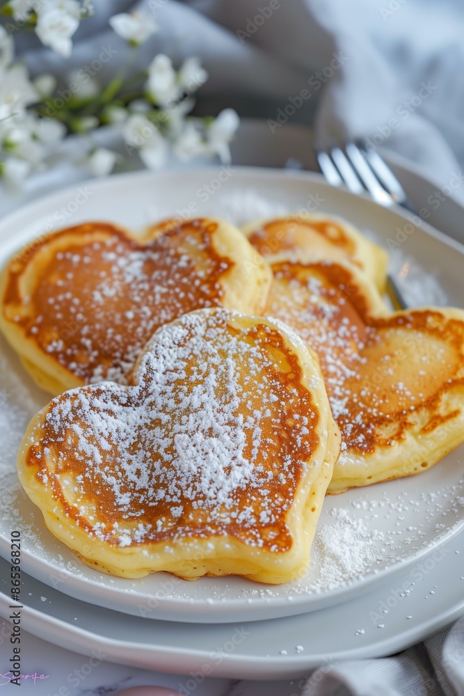 heart-shaped pancakes on a white plate, topped with a sprinkle of powdered sugar. heart-shaped pancakes on a white plate, topped with a sprinkle of powdered sugar.