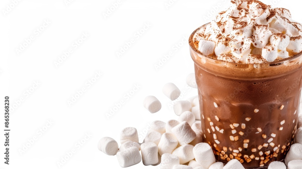 Chocolate iced coffee topped with whipped cream and marshmallows, clean isolated background, delicious beverage Chocolate iced coffee topped with whipped cream and marshmallows, clean isolated background, delicious beverage