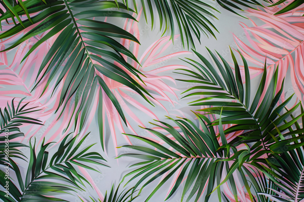 pink and green palm leaves pattern on grey wallpaper, in a close up style. The pattern features palm leaves in pink and green colors against a grey backdrop. pink and green palm leaves pattern on grey wallpaper, in a close up style. The pattern features palm leaves in pink and green colors against a grey backdrop.