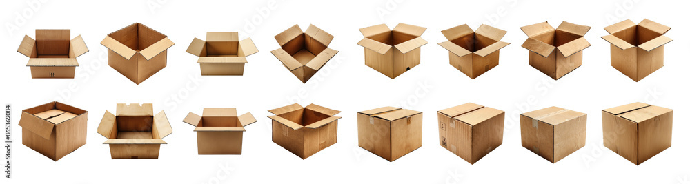 Set of boxes parcels or cardboard from various side for packaging cutout isolated on transparent png background, open and close card boards. Set of boxes parcels or cardboard from various side for packaging cutout isolated on transparent png background, open and close card boards.