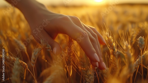 Close up of a farmer's hand touching wheat in a field, with space for copy photo