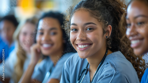A diverse group of female nurse students, smiling and engaged in learning together in the classroom