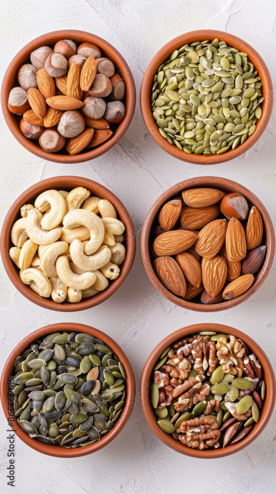 Assorted nuts and seeds in small bowls, gourmet salad ingredients, crunchy and nutritious Assorted nuts and seeds in small bowls, gourmet salad ingredients, crunchy and nutritious