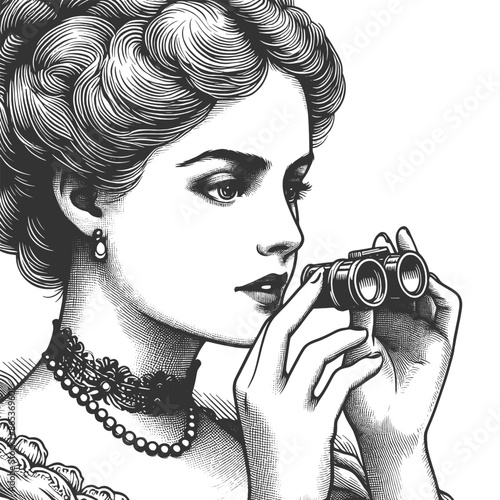 elegant Victorian woman using opera glasses, classic beauty and refined style sketch engraving generative ai fictional character vector illustration. Scratch board imitation. Black and white image.