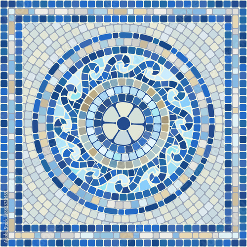 Classic mosaic pattern in blue and beige colors in the Greek style. For ceramics, tiles, ornaments, backgrounds and other projects.
