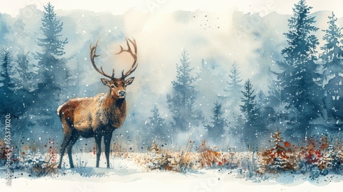 Fototapeta Naklejka Na Ścianę i Meble -  Watercolor painting of a reindeer standing in the snow, copy space banner, vintage background 