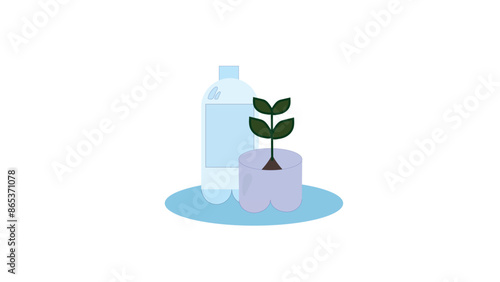 Seedling with growing foliage in plastic bottle, idea for growing seedlings at home from plastic drink bottle, plastic recycling and respect for the environment