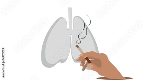 Hand with smoking cigarette against background of contaminated diseased lungs, harmful habit of smoking leading to diseases of internal organs, contaminated lungs of smoker