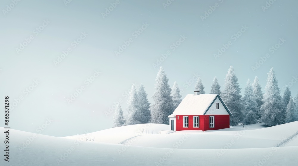Fototapeta premium Minimalist winter cabin scene, with a focus on geometric simplicity and serene, snowy surroundings.