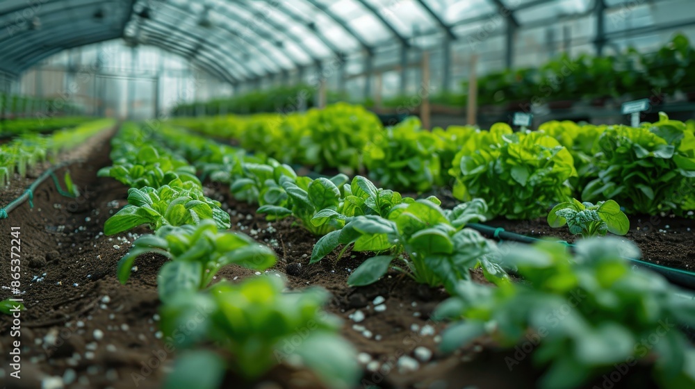 Rows of vibrant green plants thriving in a modern greenhouse, showcasing healthy growth and sustainable agriculture practices. Rows of vibrant green plants thriving in a modern greenhouse, showcasing healthy growth and sustainable agriculture practices.