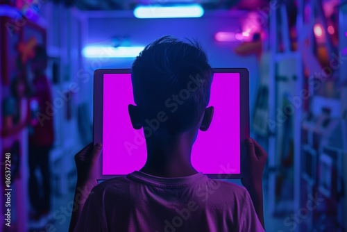 Ui mockup through a shoulder view of a boy holding a tablet with a fully purple screen
