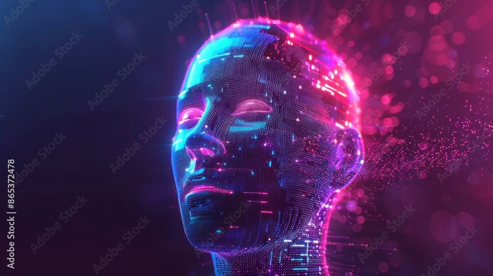 Artificial Intelligence and Virtual Reality concept. 3D human head made of pixels in neon holographic vivid colors on dark background. Vaporwave and Synthwave style illustration Artificial Intelligence and Virtual Reality concept. 3D human head made of pixels in neon holographic vivid colors on dark background. Vaporwave and Synthwave style illustration