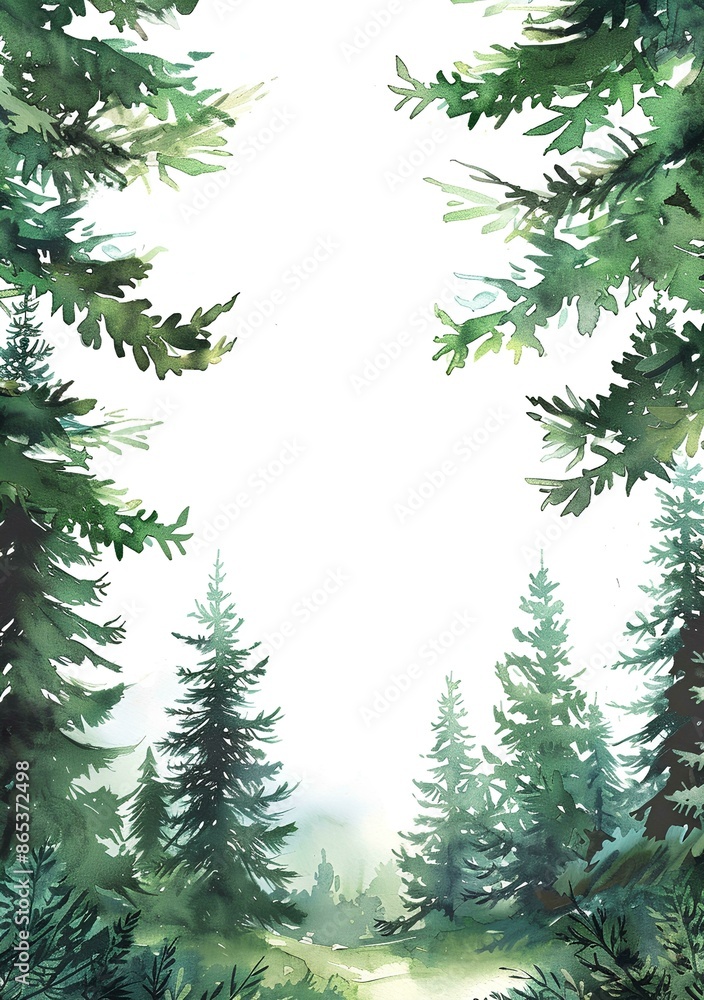 Fototapeta premium Watercolor green forest frame with pine trees isolated on white background, hand drawn border for wedding invitation card, white space in center of page
