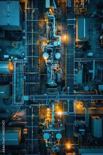 High-angle shot of an industrial facility at night, showcasing illuminated pipes, machinery, and structures.