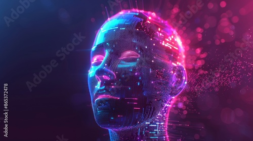 Artificial Intelligence and Virtual Reality concept. 3D human head made of pixels in neon holographic vivid colors on dark background. Vaporwave and Synthwave style illustration